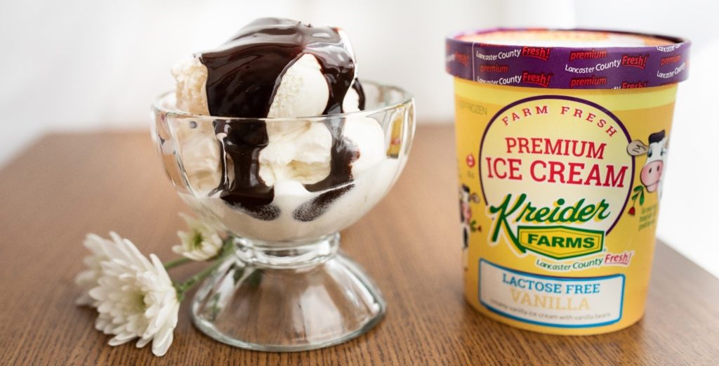 Kreider Farms Lactose Free Ice Cream with hot fudge