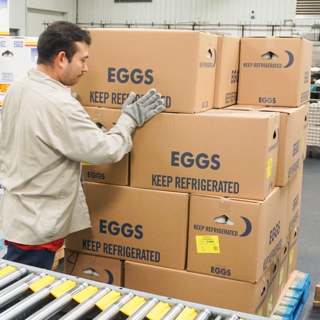 man stacking boxes of eggs in processing facility