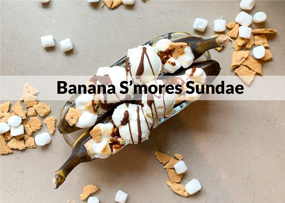 banana split sundae with chocolate and marshmallows