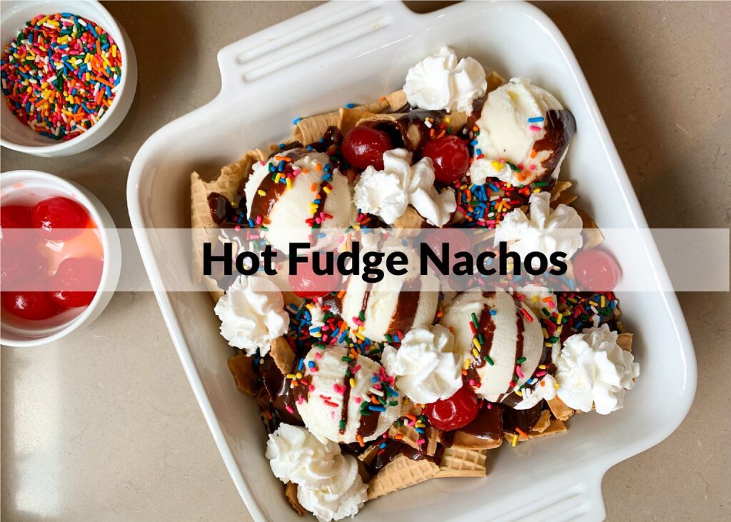 hot fudge nacho and ice cream sundae in a baking dish