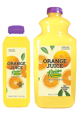 Kreider Farms orange juice single serve and bulk size