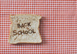 back to school on red gingham background