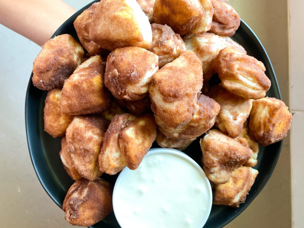 cinnamon sugar bites plated with glaze