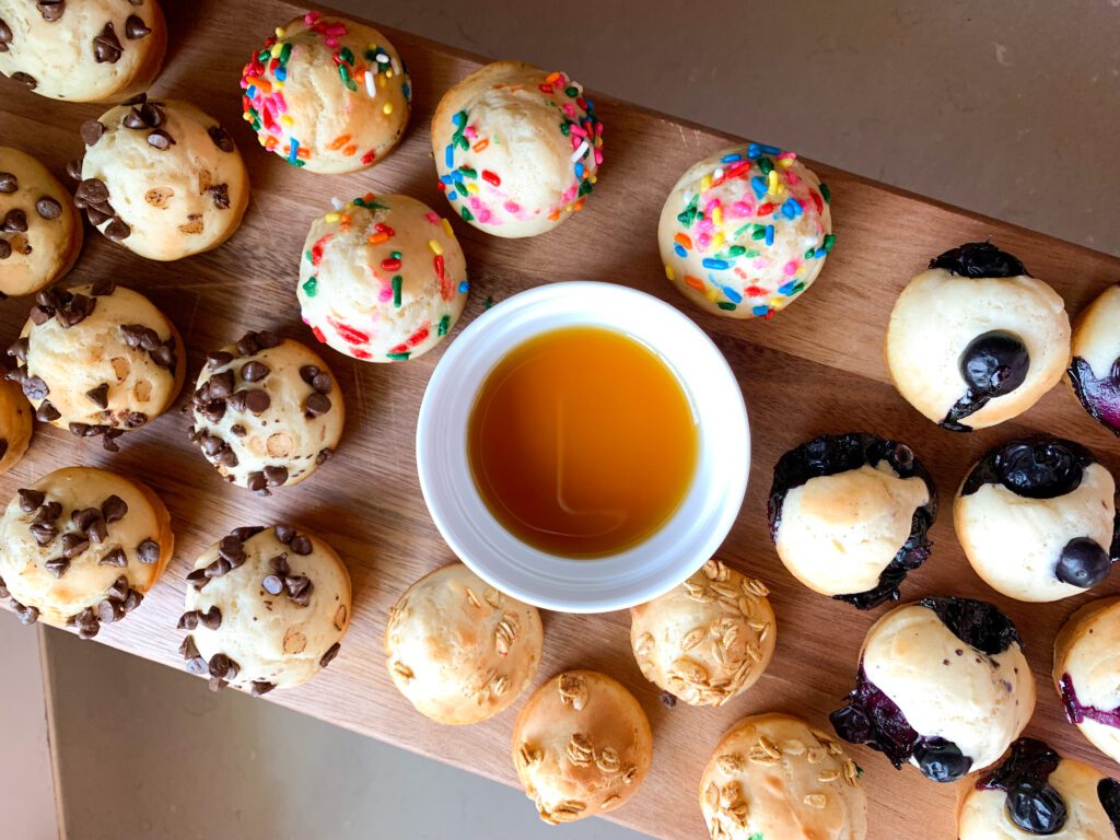 pancake bites plated with maple syrup