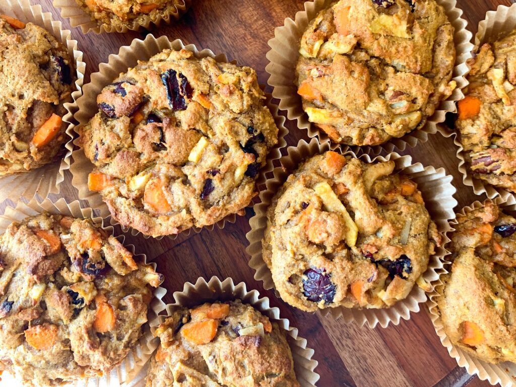 pumpkin morning muffins on wooden tray