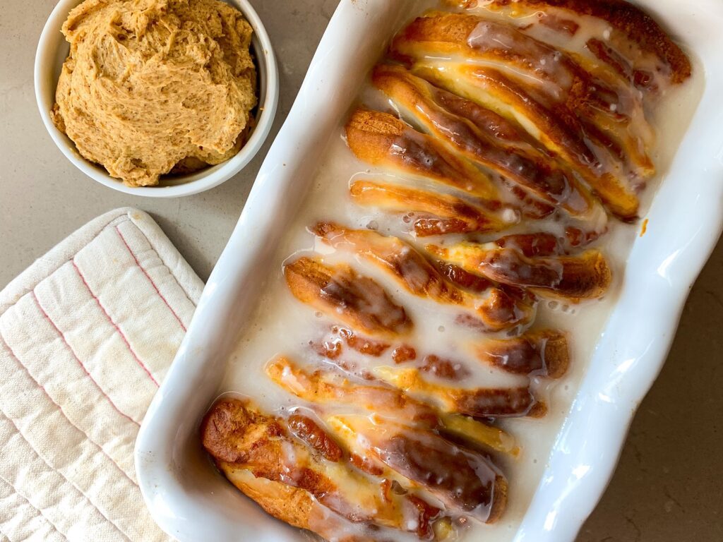 pumpkin spice pull apart bread with glaze and side of honey butter